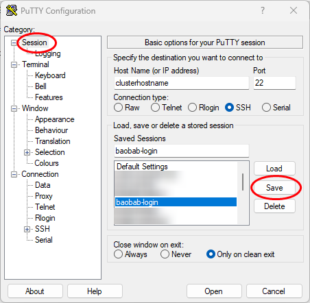  PuTTY save session 